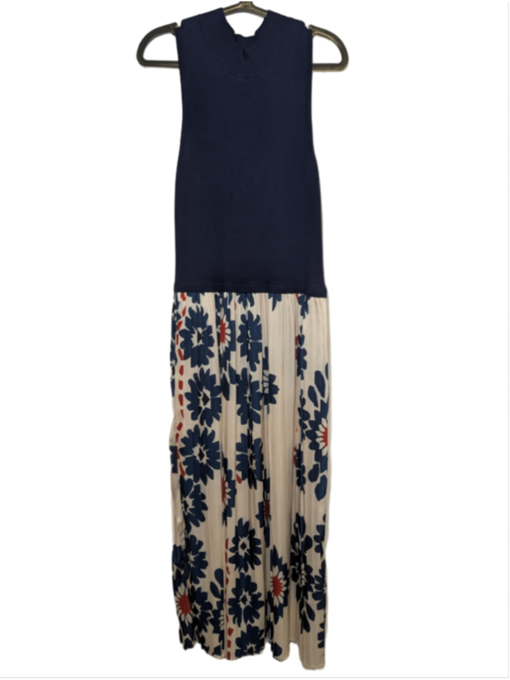 Petal & Pup June Mixed Media Sweater Maxi Dress Navy Ribbed Pleated Floral Med